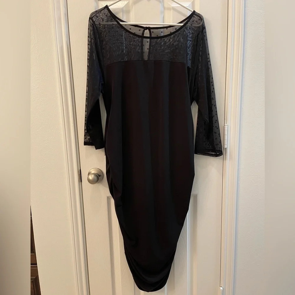 Motherhood‎ Maternity Black Cocktail Dress XL, Sheer Sleeves, Polkadots, Ruching
